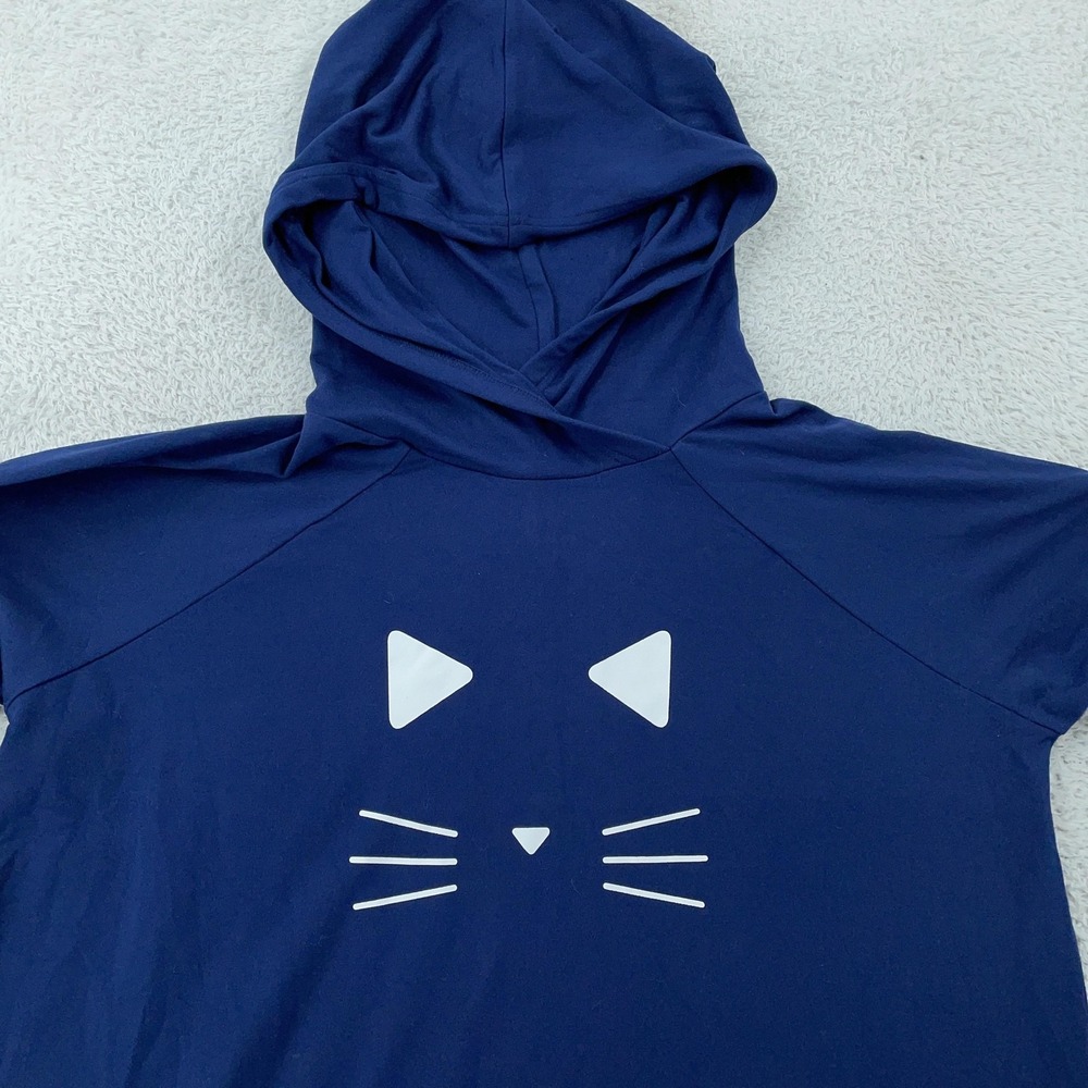 LuLaRoe Hoodie Womens XL Navy Blue Cat Face Graphic Kangaroo‎ Pocket Raglan Top